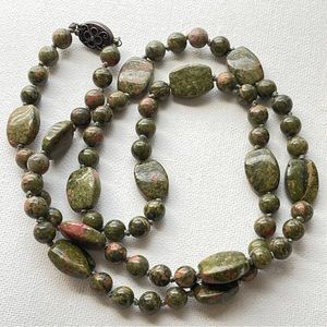 Vintage Chinese Export Carved Unakite Bead Hand Knotted Necklace 28" Sterling